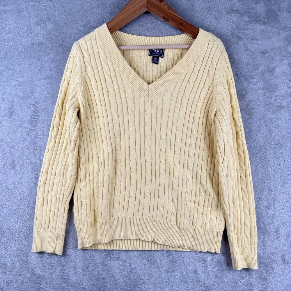 Chaps Cable Knit V-Neck Sweater Womens XL Butter Yellow Preppy Grandpa Golf